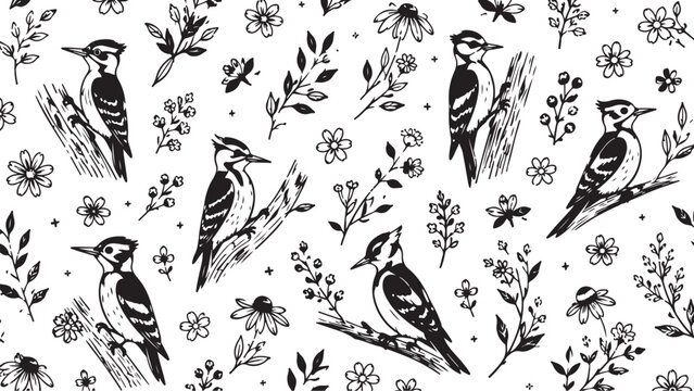 A Black and White Woodpecker Pattern with Wildflowers, Leaves and Botanical Branches