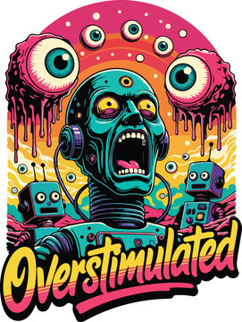 A Colorful Psychedelic Robot Graphic Showing Sensory Overload and Chaotic Digital Stress