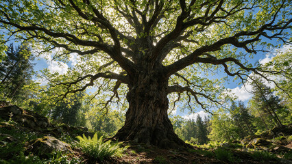 Fototapeta premium Old Oak Trunk on a Moss-Covered Forest Floor with Ferns