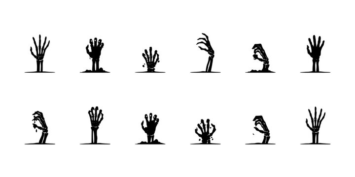 Hands Emerging From the Ground in Various Poses, Black and White Illustration Featuring Zombie, Horror, Spooky with Eerie