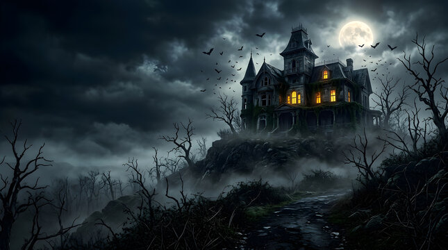 Abandoned mansion on a hill at night. Spooky castle in the fog.