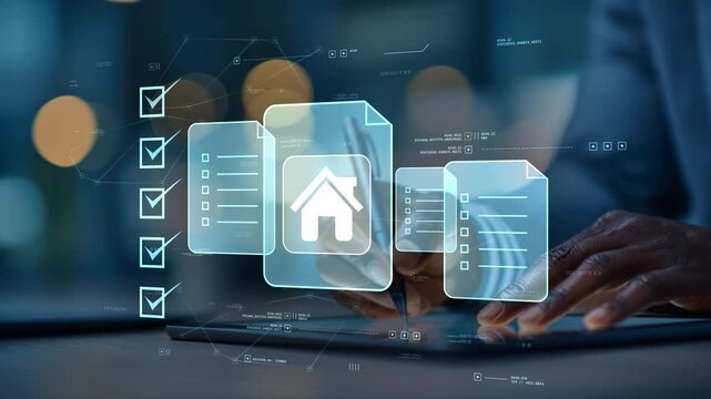 Black businessman reviewing secure real estate documentation with digital house icon, property records, approval checklist, compliance workflow and document management system