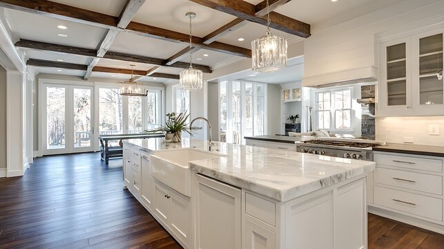 Modern luxury kitchen interior with white cabinets and wood ceiling beams.