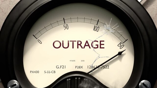 Outrage meter showing big levels of outrage. Dangerously increasing high values of outrage, critical overload. Too much, off the charts. Max outrage
