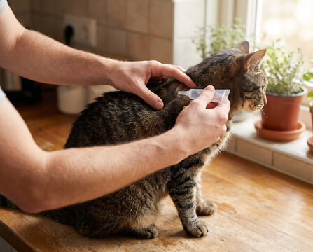 Pet owner applying flea tick prevention to cat at home