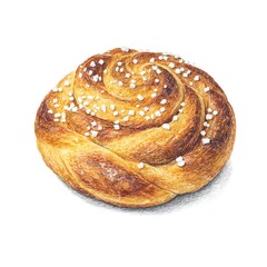 Fototapeta premium Golden brown cinnamon swirl pastry with sugar crystals on white background