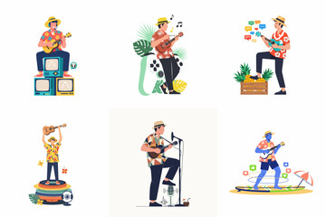 Set of six flat illustrations of men playing ukulele in diverse creative environments including tropical, musical, and gaming themes. © Nasir