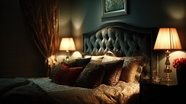 Luxurious bedroom interior with warm ambient lighting
