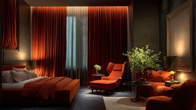 Luxurious moody bedroom suite with warm lighting and red accents