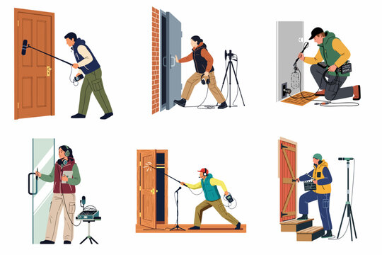 Collection of flat illustrations depicting sound recordists and foley artists using professional equipment to capture various door sounds for film and media production.