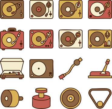 Turntable Types Flat Icon Set with Belt Drive Turntable, Direct Drive Turntable, Idler Wheel Turntable and Audiophile Turntable on White Background, Colored Flat Design