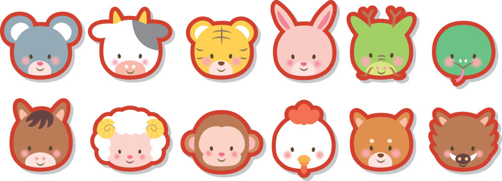 かわいい十二支の動物の顔イラストセット