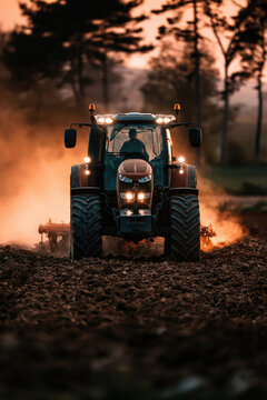 Tractor Plowing Field at Sunset &ndash; AI Generative