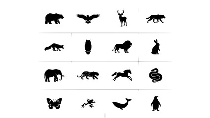 Obraz premium Animals Silhouettes in a Grid Pattern with Various Species Featuring Bear, Eagle, Deer with Wolf and Cat Elements for Owl, Lion