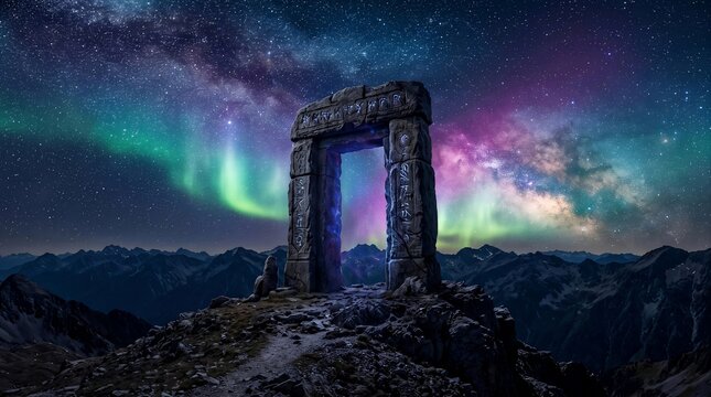 Ancient stone archway stands under vibrant aurora borealis in mountainous landscape at night