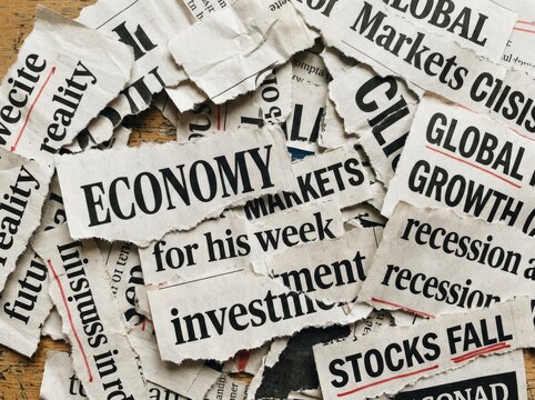 Torn Newspaper Headlines About Economy and Market Fluctuations, Financial News Concept