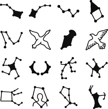 Northern Sky Constellations Line Icon Set with Ursa Major, Ursa Minor, Cassiopeia, Cepheus, Draco and Cygnus on White Background, Minimal Black Line Art