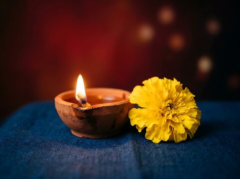 Clay diya lamp with lit candle and yellow marigold flower on blue
