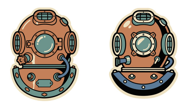 An illustration depicts two vintage diving helmets side by side on an industrial background showcasing technology and equipment.