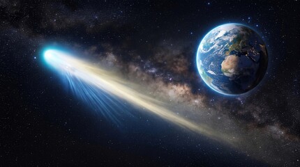 Naklejka premium A comet streaks across the night sky towards Earth from space.