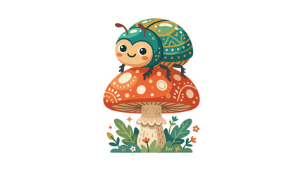 Fototapeta premium Cute Cartoon Beetle on Whimsical Mushroom with Floral Accents