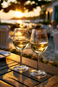 White Wine Glasses at Mediterranean Sunset &ndash; AI Generative