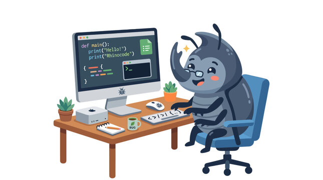Cute cartoon beetle programmer working on computer, coding, illustration