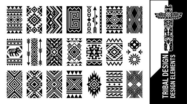 Native American tribal border patterns and ethnic geometric silhouette design elements vector illustration