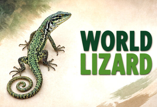 Closeup of a green lizard with detailed scales and curled tail on textured background