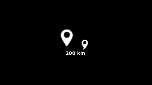 Location icon on transparent background.200 km distance icon.Distance from on place to another place with kilimeter.