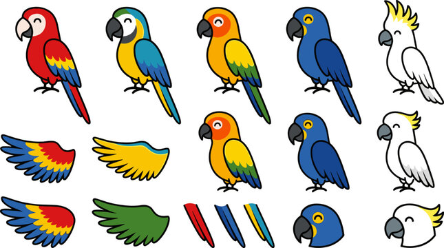 Cute cartoon parrot vector bundle featuring colorful happy exotic birds macaws cockatoos conures with matching wing and tail feather character kit assets isolated on white background.