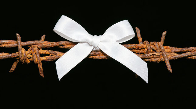 White ribbon bow tied on rusty barbed wire symbolizing peace and hope amid war and diplomacy challenges in dark background setting