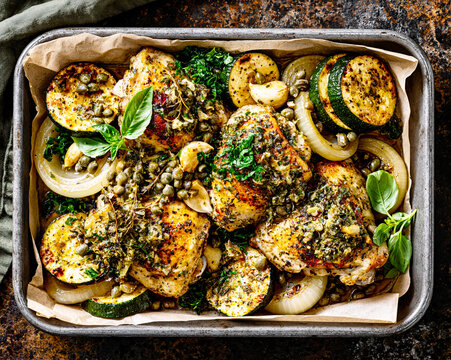Rustic One-Pan Roasted Chicken Legs with Zucchini &ndash; AI Generative
