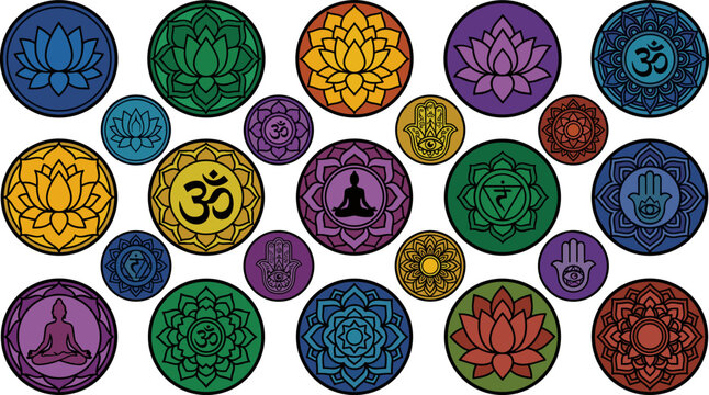 Spiritual yoga chakra icons vector set featuring detailed mandalas sacred geometry om symbols hamsa hand and lotus flowers isolated on colorful circular badges bundle.