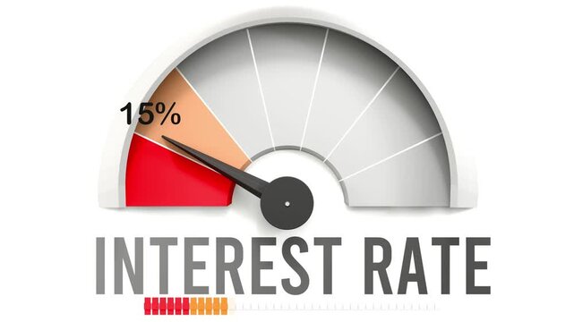 Interest rate meter showing falling values of interest rate. Diminishing to minimum, reaching zero, below the norm. Lack of interest rate. No AI, made by humans for humans.