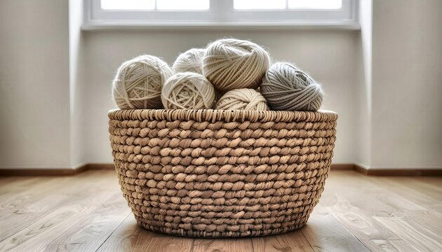 Wicker basket filled with neutral-colored balls of wool yarn on a wooden floor