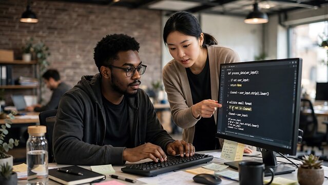 Collaborative software development diverse team working on code at modern office