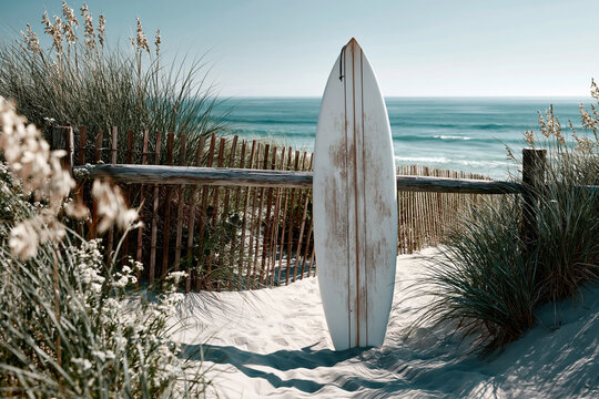 Surfboard on Coastal Dunes Beach &ndash; AI Generative
