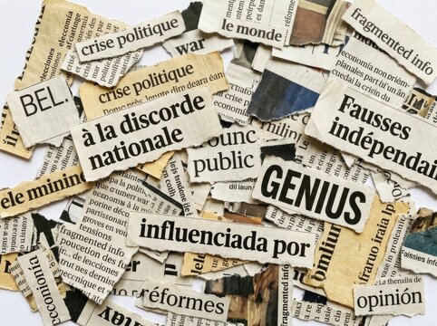 Torn Newspaper Headlines, Scattered Fragments, Information Overload Concept