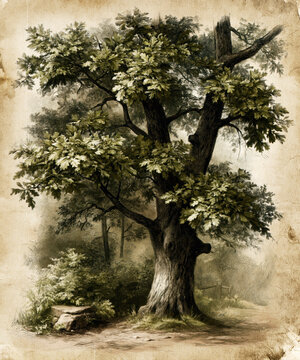 Vintage Oak Tree Botanical Illustration &ndash; AI Generative