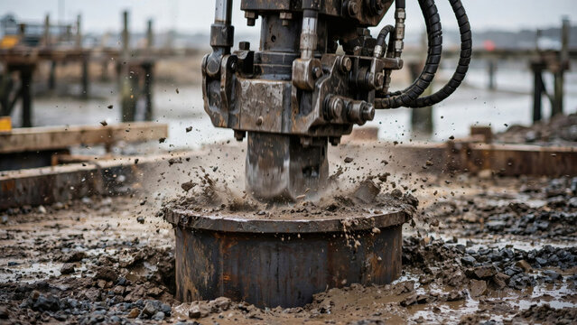 Hydraulic breaker crushing concrete pile on construction site