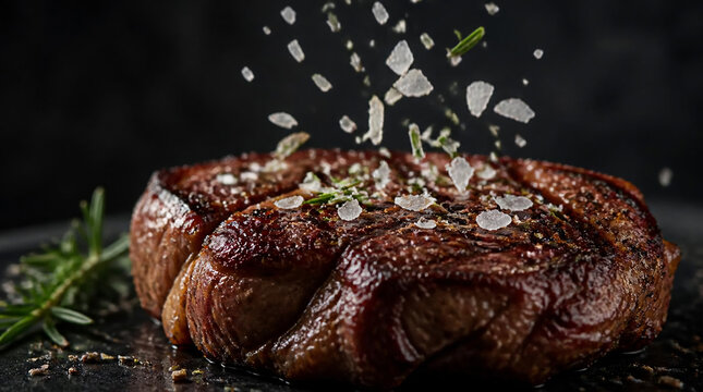 Macro Photography of Gourmet Grilled Beef Steak Seasoned with Sea Salt Flakes