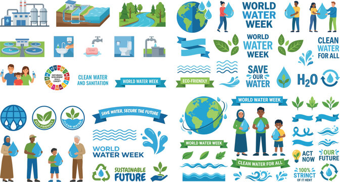World Water Week illustration set with water conservation icons and sustainable sanitation flat vector graphics for environmental awareness