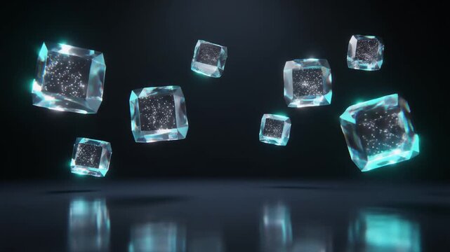 Ultra realistic transparent data crystals float above a reflective obsidian surface with glowing particles and cyan illuminated edges, creating premium futuristic technology background with copy space