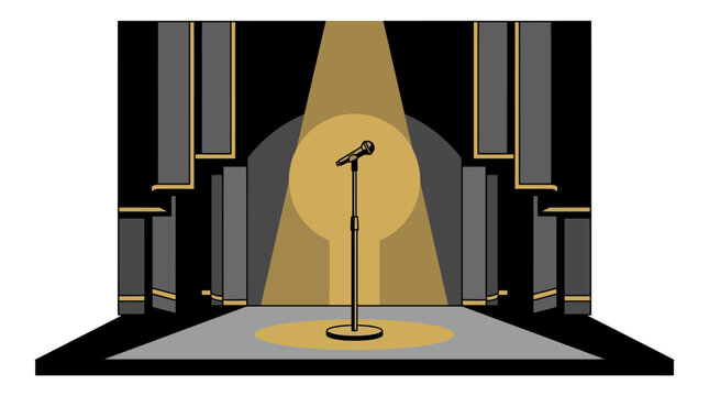 A comedy and tragedy masks pair sits on a stage with a spotlight shining on them.