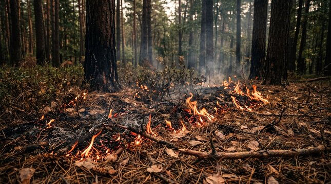 Forest floor fire burning with smoke among pine trees in woodland