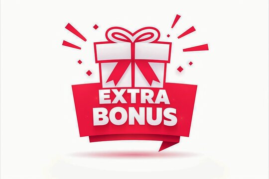 Bright gift box with extra bonus celebration banner and fireworks