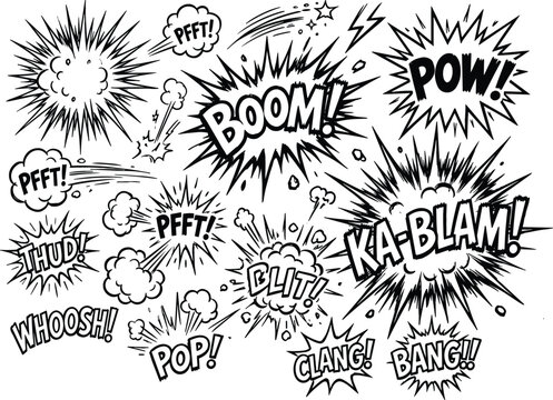 Comic Book Sound Effects with Onomatopoeia in Black and White Graphic Style