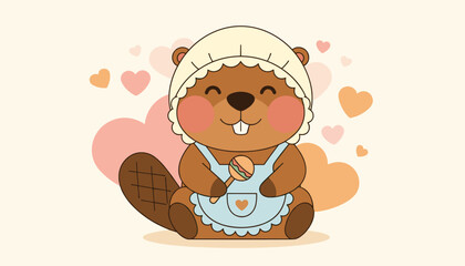 Fototapeta premium Cute cartoon beaver character wearing a bonnet and apron holds a small toy while surrounded by floating hearts on a soft background.
