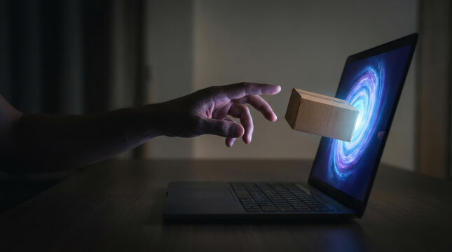 E commerce innovation in retail shown by hand reaching for floating package emerging from laptop screen in dark room